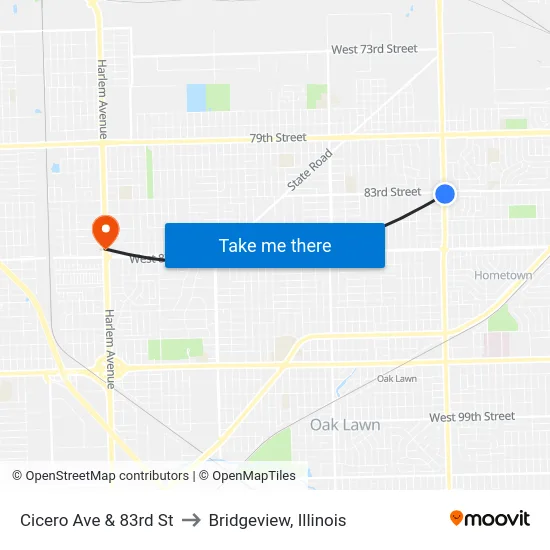 Cicero Ave & 83rd St to Bridgeview, Illinois map
