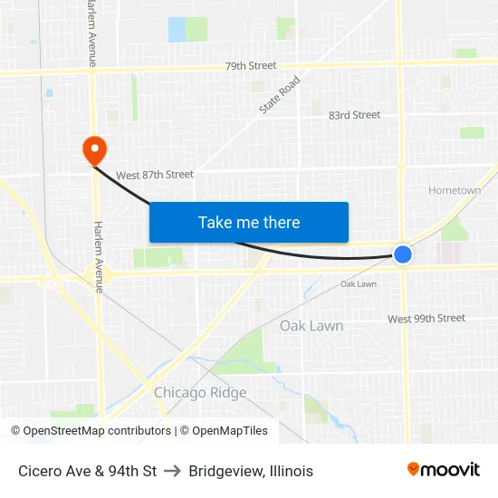 Cicero Ave & 94th St to Bridgeview, Illinois map