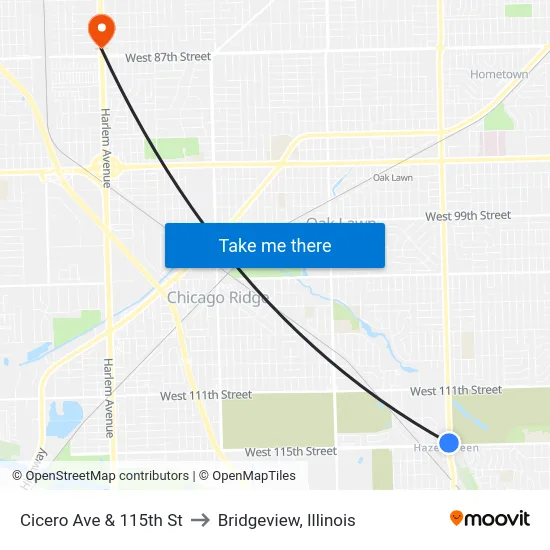 Cicero Ave & 115th St to Bridgeview, Illinois map