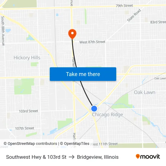 Southwest Hwy & 103rd St to Bridgeview, Illinois map