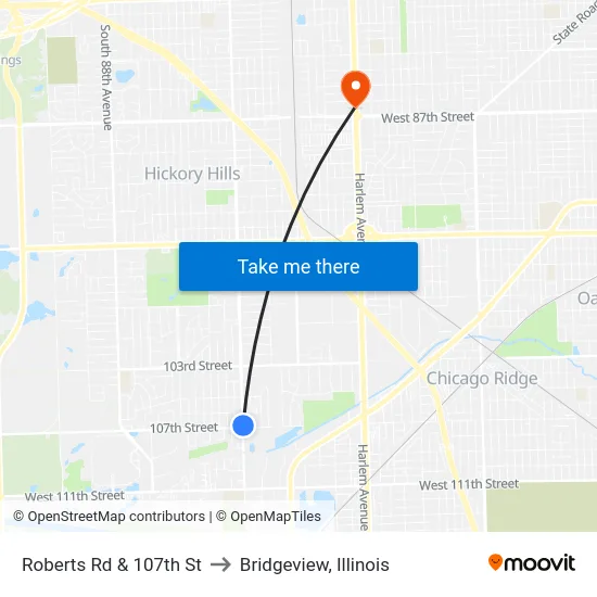 Roberts Rd & 107th St to Bridgeview, Illinois map