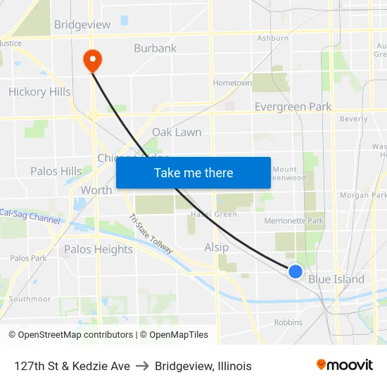 127th St & Kedzie Ave to Bridgeview, Illinois map