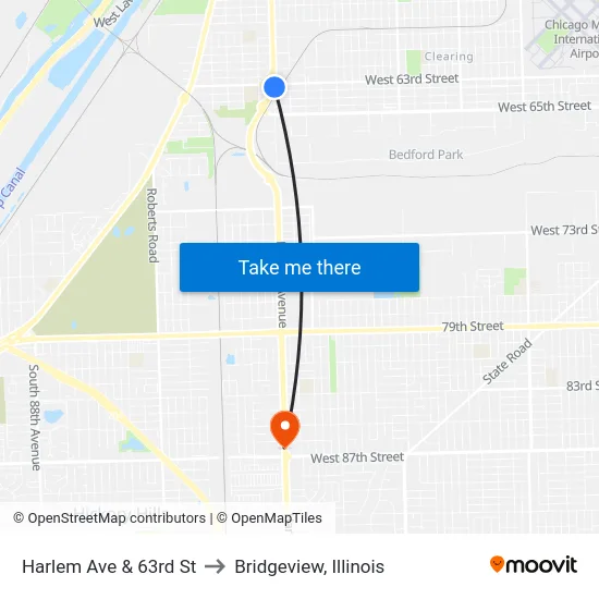Harlem Ave & 63rd St to Bridgeview, Illinois map