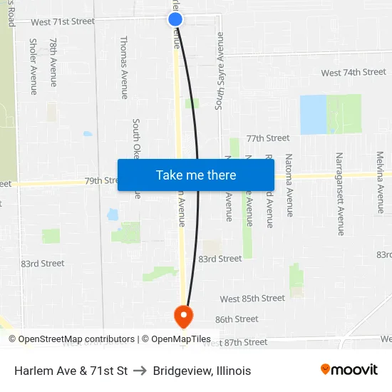 Harlem Ave & 71st St to Bridgeview, Illinois map