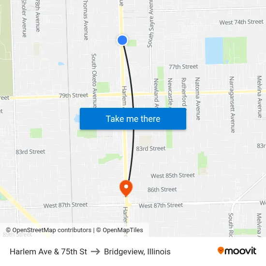 Harlem Ave & 75th St to Bridgeview, Illinois map