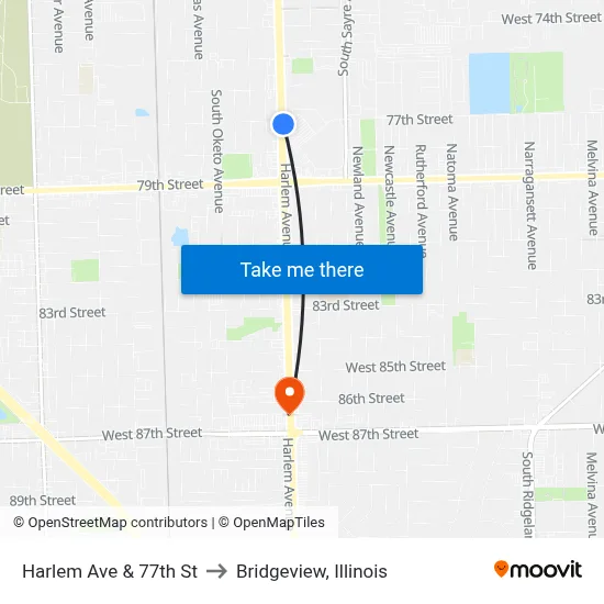 Harlem Ave & 77th St to Bridgeview, Illinois map