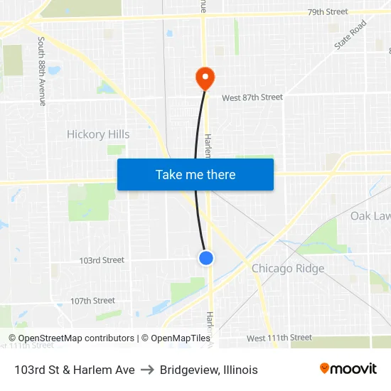 103rd St & Harlem Ave to Bridgeview, Illinois map