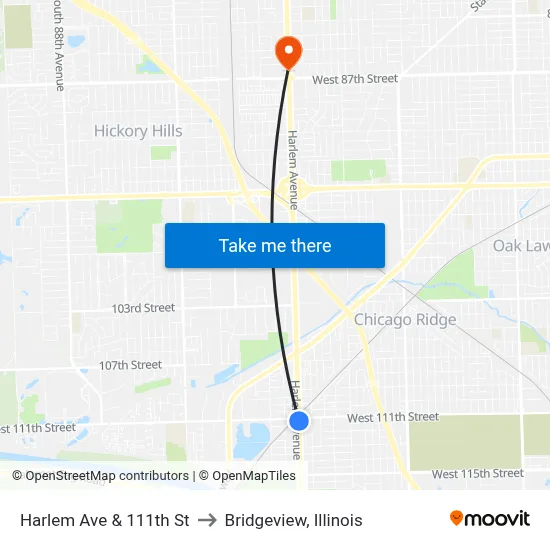 Harlem Ave & 111th St to Bridgeview, Illinois map