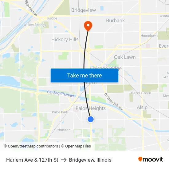 Harlem Ave & 127th St to Bridgeview, Illinois map