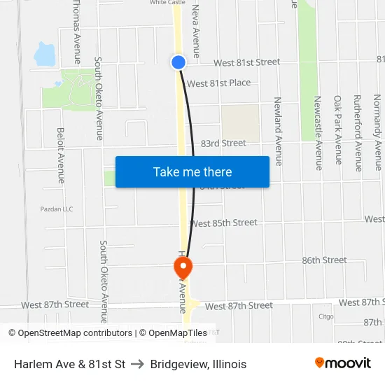 Harlem Ave & 81st St to Bridgeview, Illinois map
