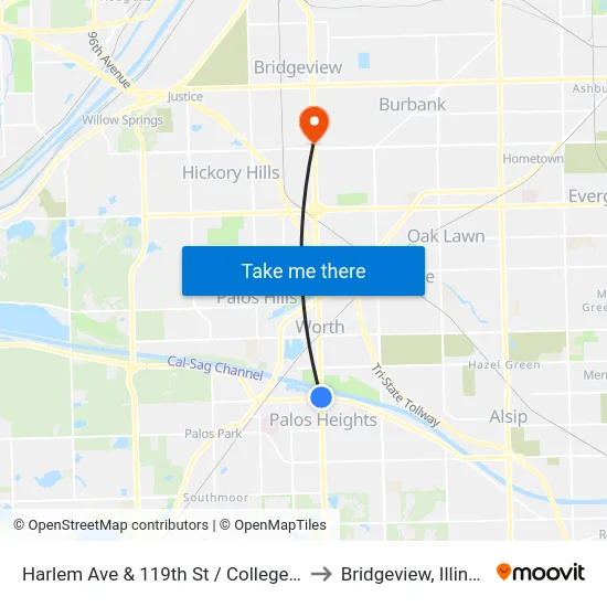 Harlem Ave & 119th St / College Dr to Bridgeview, Illinois map