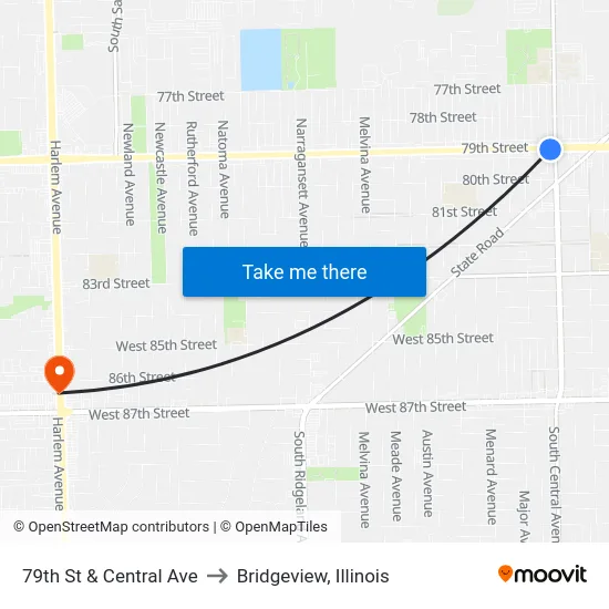 79th St & Central Ave to Bridgeview, Illinois map