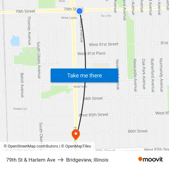 79th St & Harlem Ave to Bridgeview, Illinois map