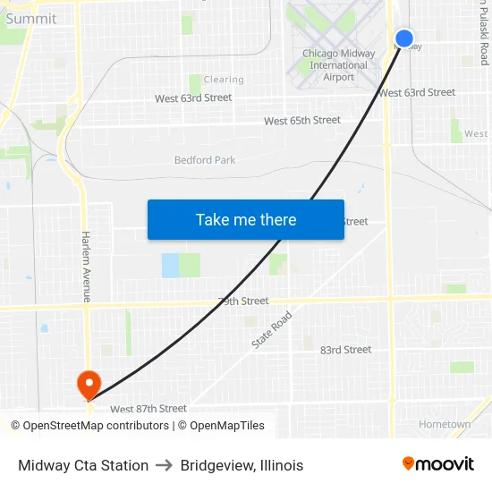 Midway Cta Station to Bridgeview, Illinois map