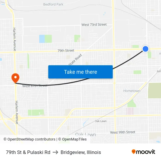 79th St & Pulaski Rd to Bridgeview, Illinois map