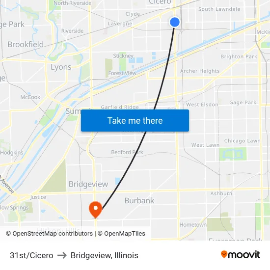 31st/Cicero to Bridgeview, Illinois map