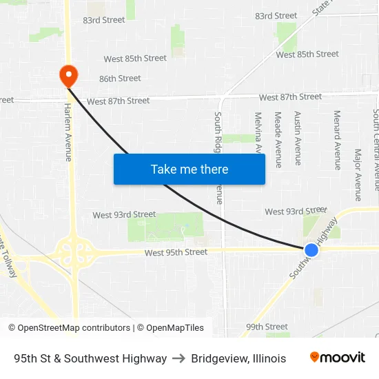 95th St & Southwest Highway to Bridgeview, Illinois map