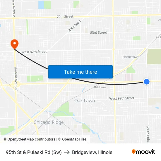 95th St & Pulaski Rd (Sw) to Bridgeview, Illinois map