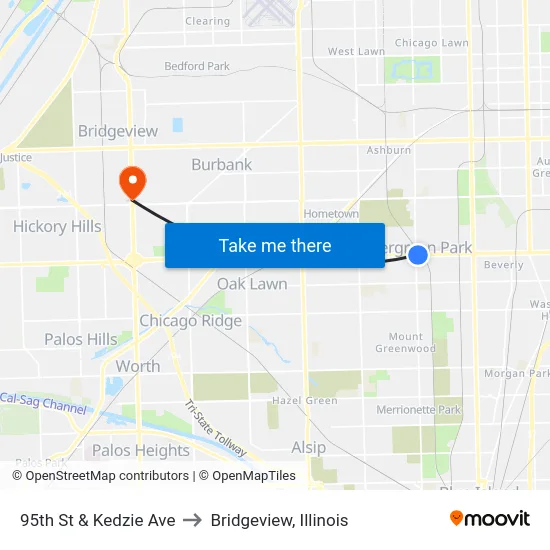 95th St & Kedzie Ave to Bridgeview, Illinois map