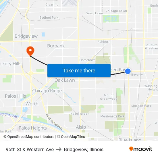 95th St & Western Ave to Bridgeview, Illinois map