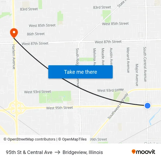 95th St & Central Ave to Bridgeview, Illinois map