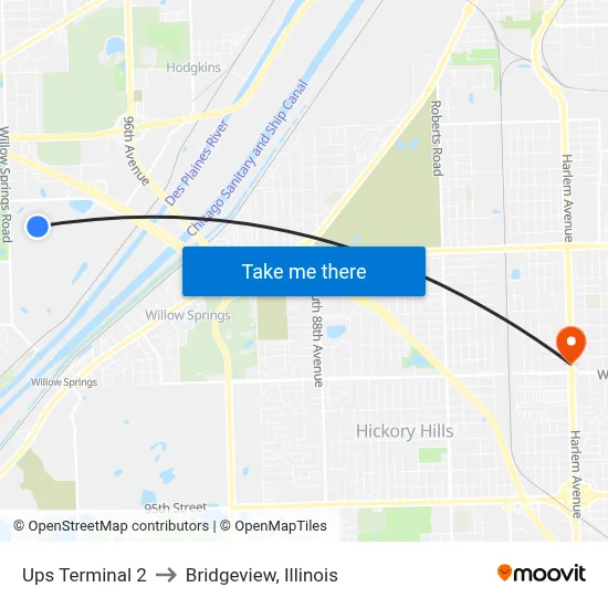 Ups Terminal 2 to Bridgeview, Illinois map