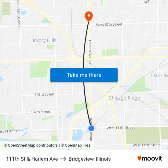 111th St & Harlem Ave to Bridgeview, Illinois map