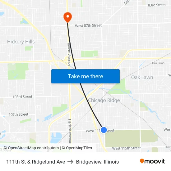 111th St & Ridgeland Ave to Bridgeview, Illinois map