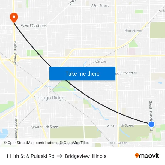 111th St & Pulaski Rd to Bridgeview, Illinois map