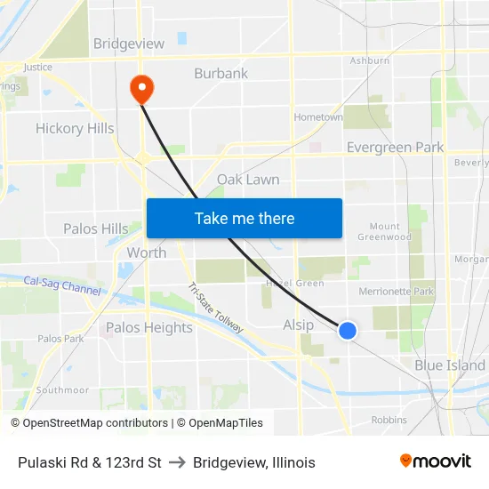 Pulaski Rd & 123rd St to Bridgeview, Illinois map