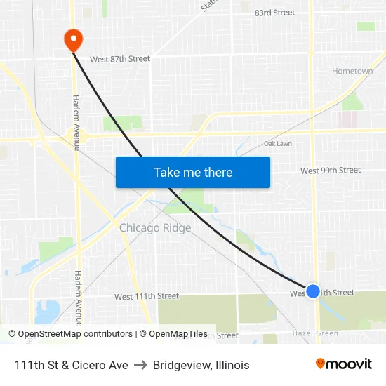111th St & Cicero Ave to Bridgeview, Illinois map