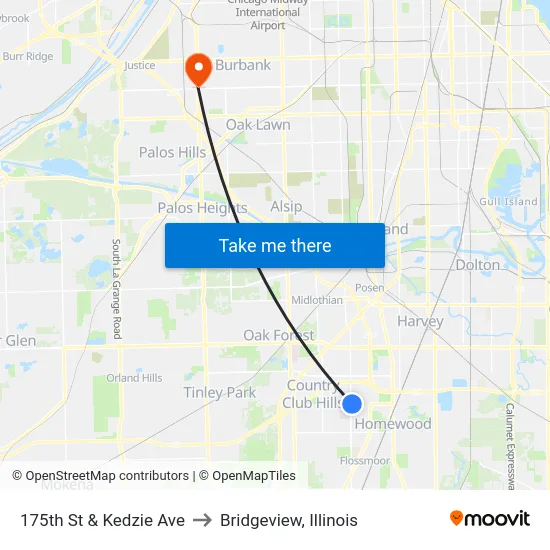 175th St & Kedzie Ave to Bridgeview, Illinois map