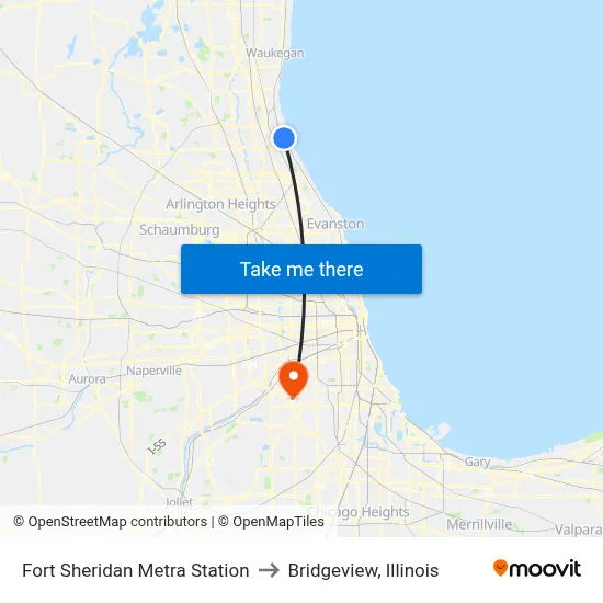 Fort Sheridan Metra Station to Bridgeview, Illinois map