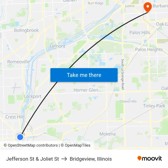 Jefferson St & Joliet St to Bridgeview, Illinois map