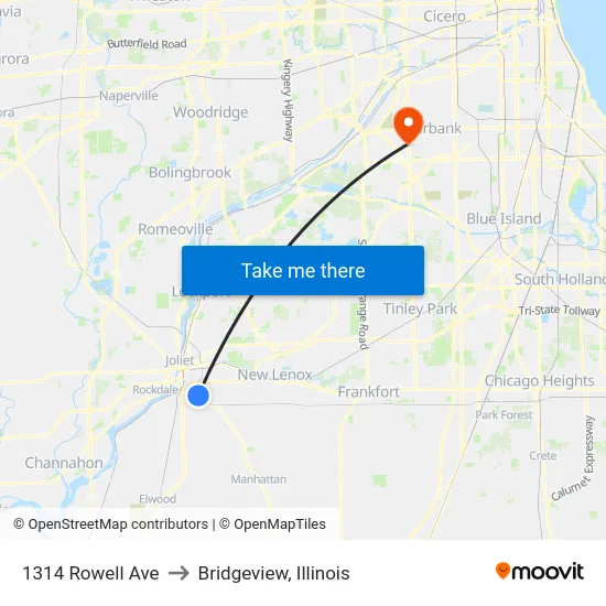 1314 Rowell Ave to Bridgeview, Illinois map