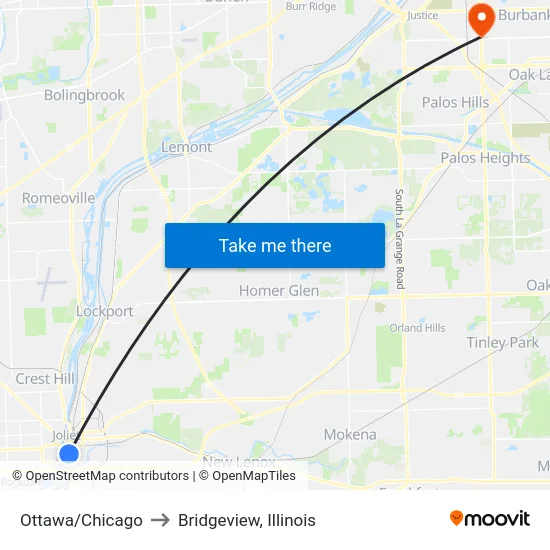 Ottawa/Chicago to Bridgeview, Illinois map