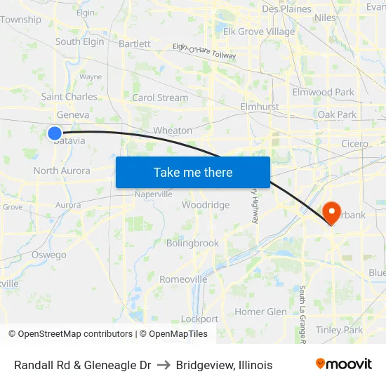 Randall Rd & Gleneagle Dr to Bridgeview, Illinois map