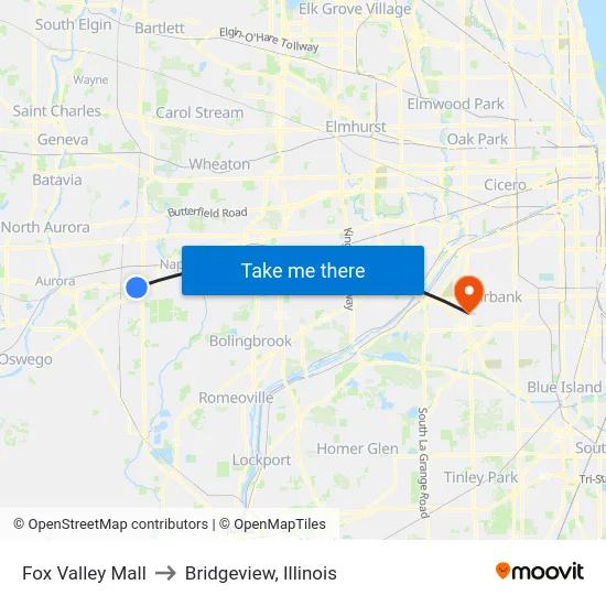 Fox Valley Mall to Bridgeview, Illinois map