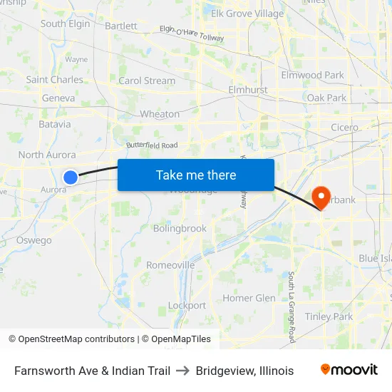 Farnsworth Ave & Indian Trail to Bridgeview, Illinois map