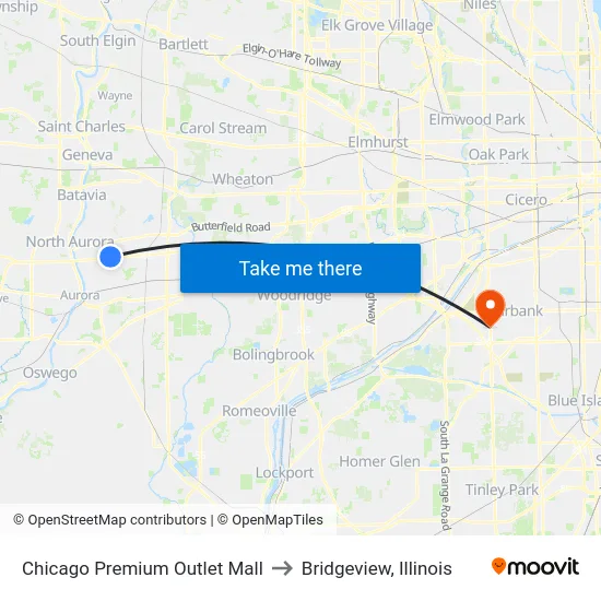 Chicago Premium Outlet Mall to Bridgeview, Illinois map