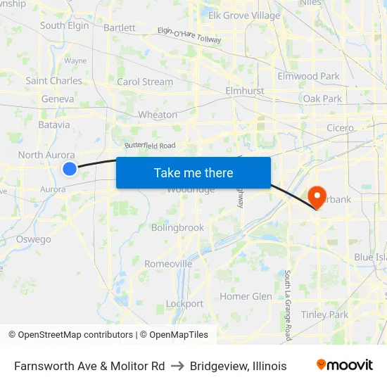 Farnsworth Ave & Molitor Rd to Bridgeview, Illinois map