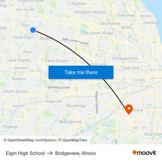 Elgin High School to Bridgeview, Illinois map