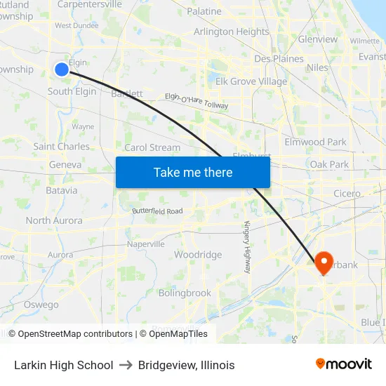 Larkin High School to Bridgeview, Illinois map