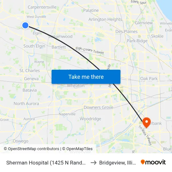 Sherman Hospital (1425 N Randall Rd) to Bridgeview, Illinois map