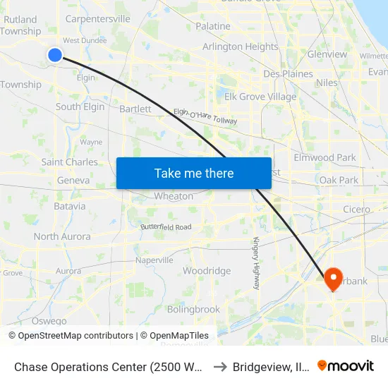 Chase Operations Center (2500 Westfield Dr) to Bridgeview, Illinois map