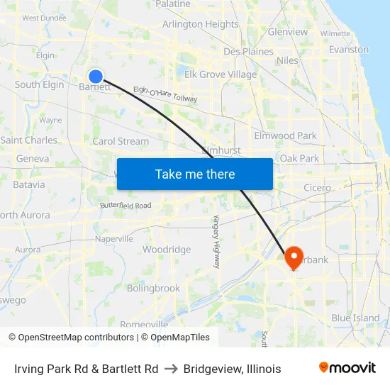 Irving Park Rd & Bartlett Rd to Bridgeview, Illinois map