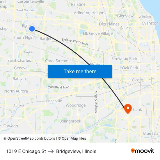 1019 E Chicago St to Bridgeview, Illinois map