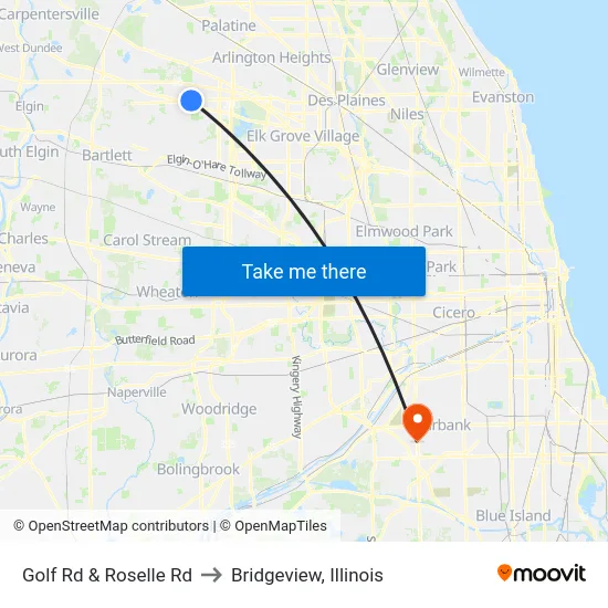 Golf Rd & Roselle Rd to Bridgeview, Illinois map