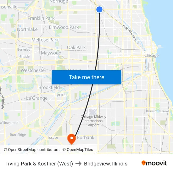 Irving Park & Kostner (West) to Bridgeview, Illinois map