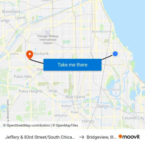 Jeffery & 83rd Street/South Chicago (South) to Bridgeview, Illinois map